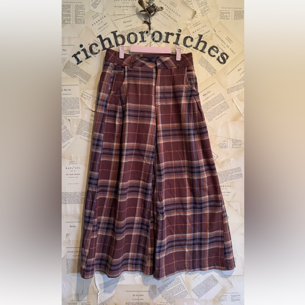 Free People Out Of Touch Extreme Plaid Pants Wide Leg Wine Brown - Picture 3 of 4